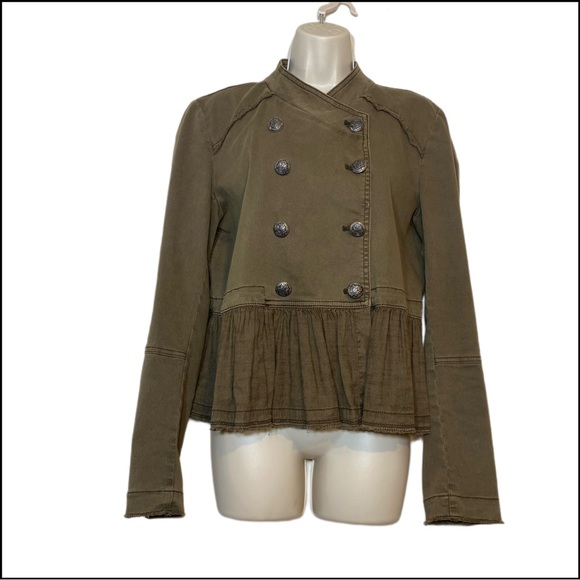 FREE PEOPLE OLIVE RUFFLE-TRIM PEPLUM MILITARY JACKET Sz S - Picture 6 of 12